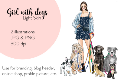 Watercolor Fashion Illustration - Girl with Dogs - Light Skin