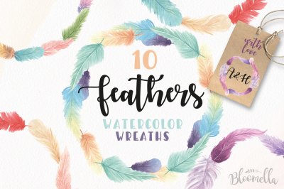 10 Watercolor Feathers Wreaths Garlands Clipart Pretty Mix