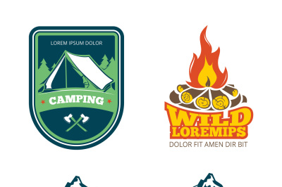 Outdoor adventure camp, hiking camping vector labels, emblems, logos, 