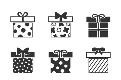 Gift boxes vector icons set in black and white