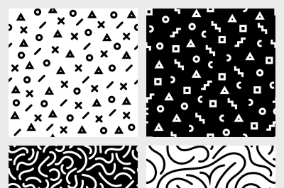 Monochrome seamless patterns vector set with abstract geometric shapes