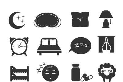 Sleep, night relax, pillow, bed, moon, owl, zzz vector icons sleeping 