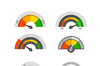 Speedometer indicators gauges low, moderate and high measurement level