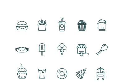 Fast food and snack thin line vector icons set