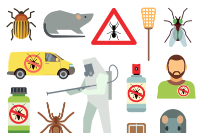 Home pest control service flat vector icons set