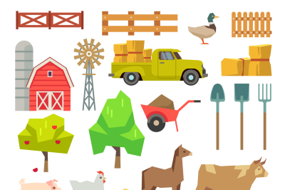 Cartoon farm elements, animals, building, tools, trees, agricultural m