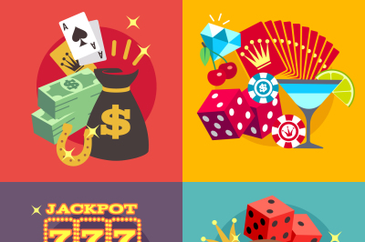 Casino gambling vector concept set with win money jackpot flat icons