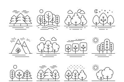 Nature forest landscape thin line icons