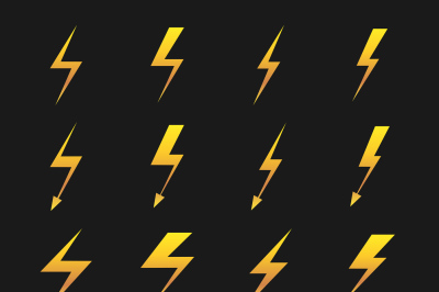 Set of yellow lightnings isolated over black