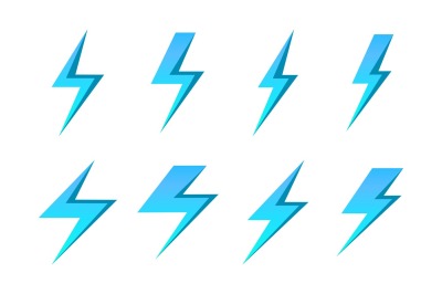 Set of blue vector lightnings isolated over white background