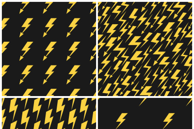 Yellow lightnings black vector seamless patterns set