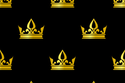 Golden crowns black vector seamless pattern