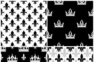 Vector crowns and fleur de lis seamless patterns set in black