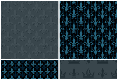 Vector crowns and fleur de lis seamless patterns set