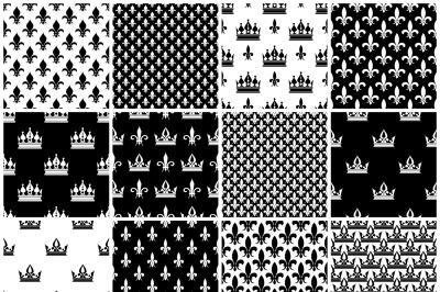 Vector crowns and fleur de lis seamless patterns set in black