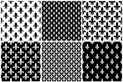 Vector fleur de lis seamless patterns set in black and white