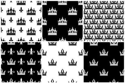 Vector crowns seamless patterns set in black and white