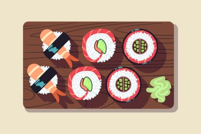 Japanese sushi over a plate vector illustration