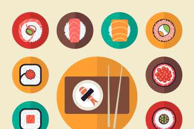 Japanese food sushi icons vector illustration set