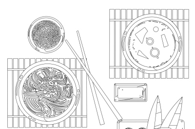 Japanese food vector contour drawing in black and white