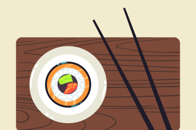 Sushi on plate and a pair of chopsticks vector illustration