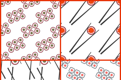 Sushi and chopsticks vector seamless patterns set
