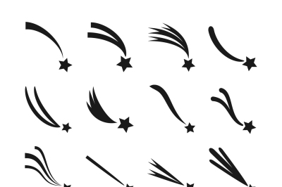 Falling, shooting stars, meteorites and comets with tails vector icons