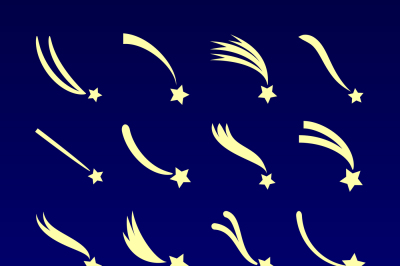 Shooting star&2C; comet silhouettes vector icons isolated on dark blue ba