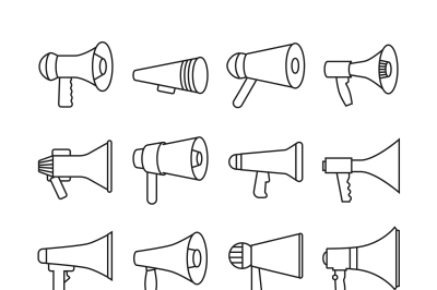 Megaphone, announcement, loudspeaker, thin line vector icons