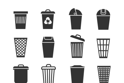 Trash can, waste basket and bin, garbage vector icons