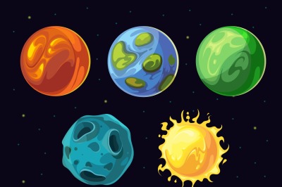 Comic planets and stars vector set for space computer game user interf