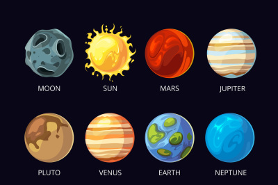 Planets of solar system vector cartoon set on dark sky space backgroun