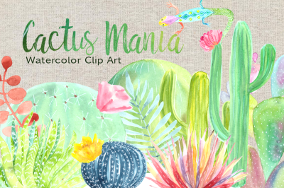 Watercolor Cactus Mania Clip Art Set