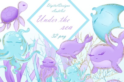 Sea animals in blue and purple