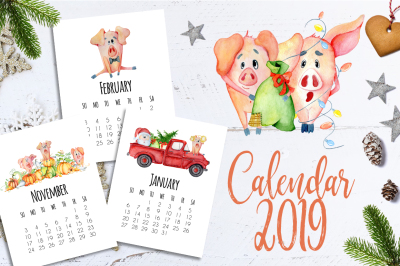 Calendar template&nbsp; for 2019 Year with cute cartoons pigs