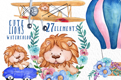 Cute Watercolour Lions clipart, Kids clipart
