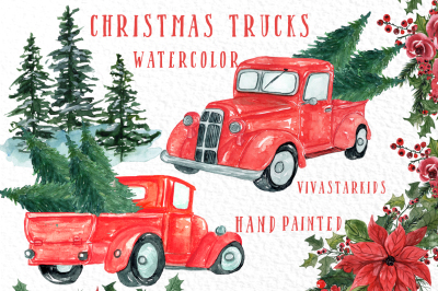 Christmas Truck clipart, CHRISTMS TREES,Watercolor Christmas