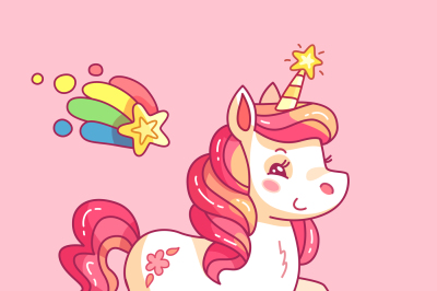 Cute fairy unicorn. Cartoon rainbow pony. Funny horse girlish pink vec