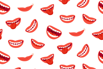 Cartoon smiling lips seamless pattern. Laughing mouth with tongue. Fun