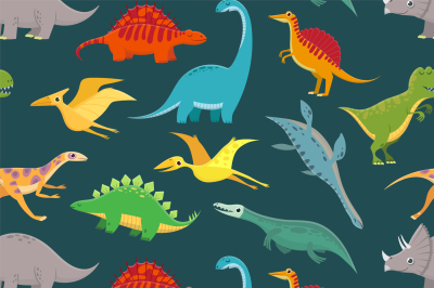 Dinosaur seamless pattern. Cute kids dinosaurs, colorful dragons. Vect