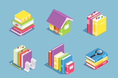 Isometric books. Pile of book, open and closed textbooks. Library and 