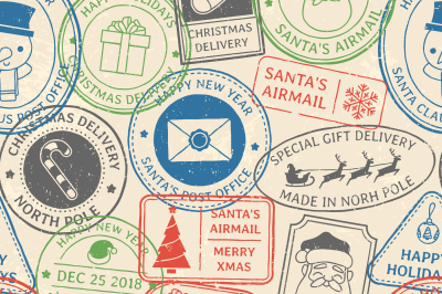 Christmas postal pattern. Santa Claus postmark cachet, winter holiday 