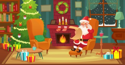 Christmas interior. Santa Claus winter holiday decorated living room w