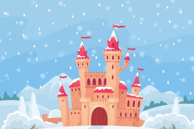 Fairy tales winter castle. Magical snowy landscape with medieval castl