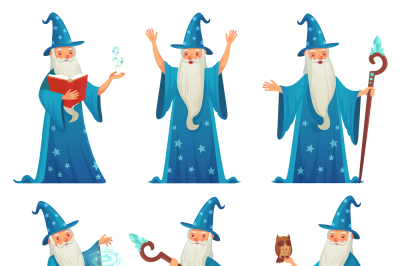 Cartoon wizard character. Old witch man in wizards robe, magician warl