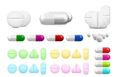 Isolated healthcare white pills, antibiotics or painkiller drugs. Vita