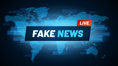 Fake News headline. Television reportage fabrication logo&2C; deceit broa