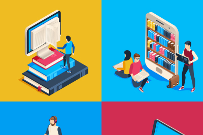 Isometric online library. Students reading books on smartphone, studyi