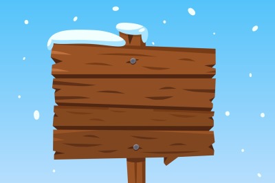 Wooden sign in snow. Christmas winter holidays signpost. Cartoon wood 