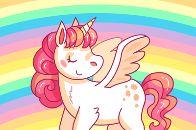 Cute baby unicorn. cartoon fairy magic pony on rainbow. Funny horse gi